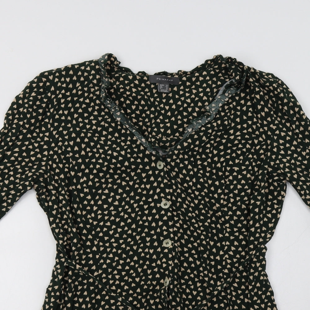 Primark Womens Green  Viscose Shirt Dress  Size 16  V-Neck  - Heart Print