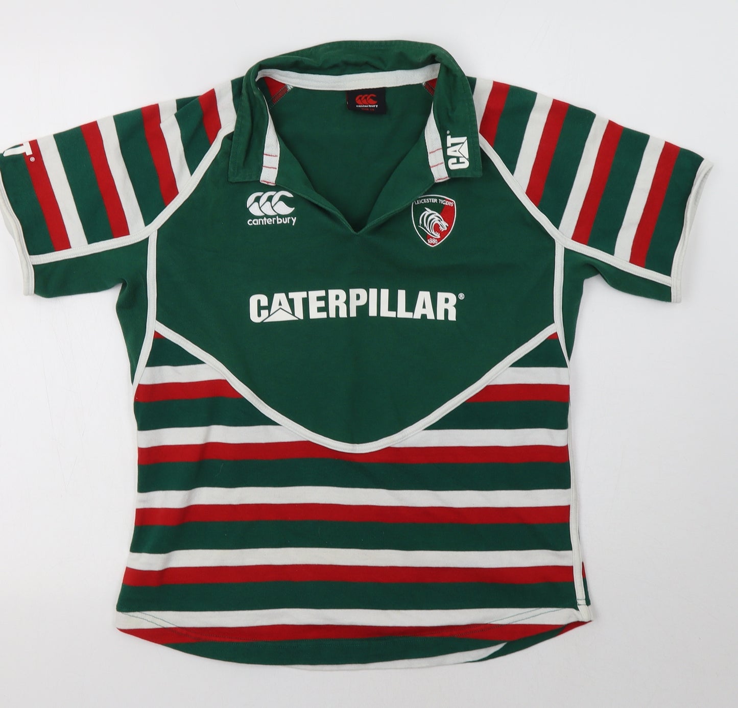 CAT Womens Green Striped Cotton Basic Polo Size 14 Collared - Leicester Tigers