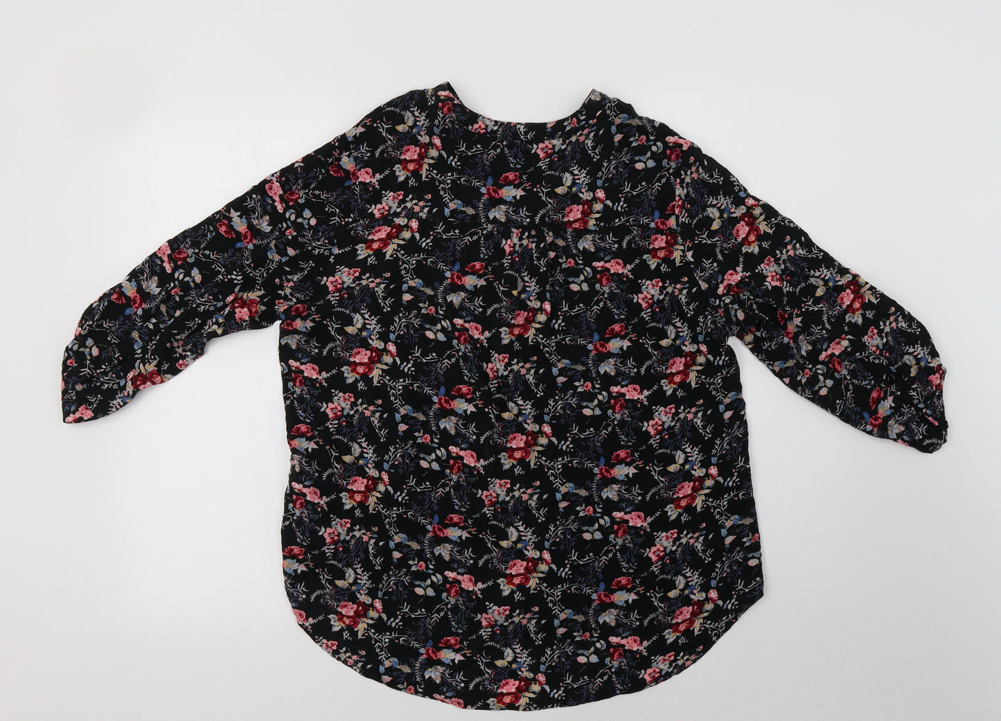 Primark Womens Black Floral Viscose Basic Button-Up Size 16 V-Neck