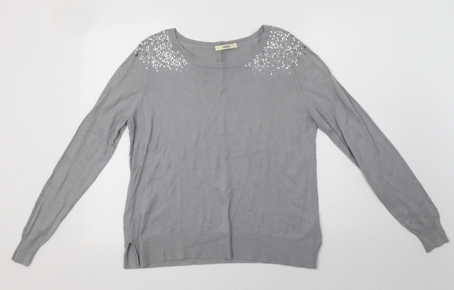 Oasis Womens Grey Crew Neck  Cotton Pullover Jumper Size L