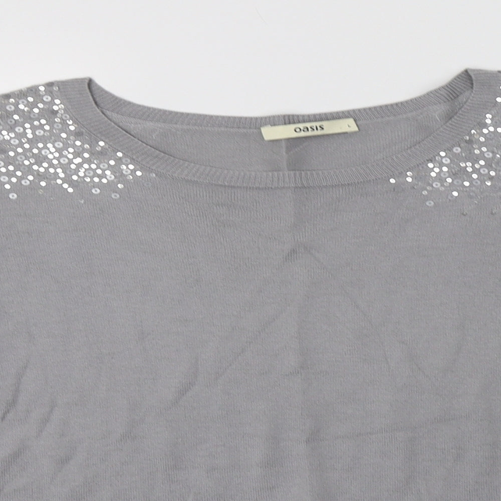 Oasis Womens Grey Crew Neck  Cotton Pullover Jumper Size L