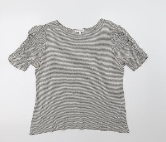 Front view of Warehouse women’s grey striped viscose basic blouse, size UK 14, round neck
