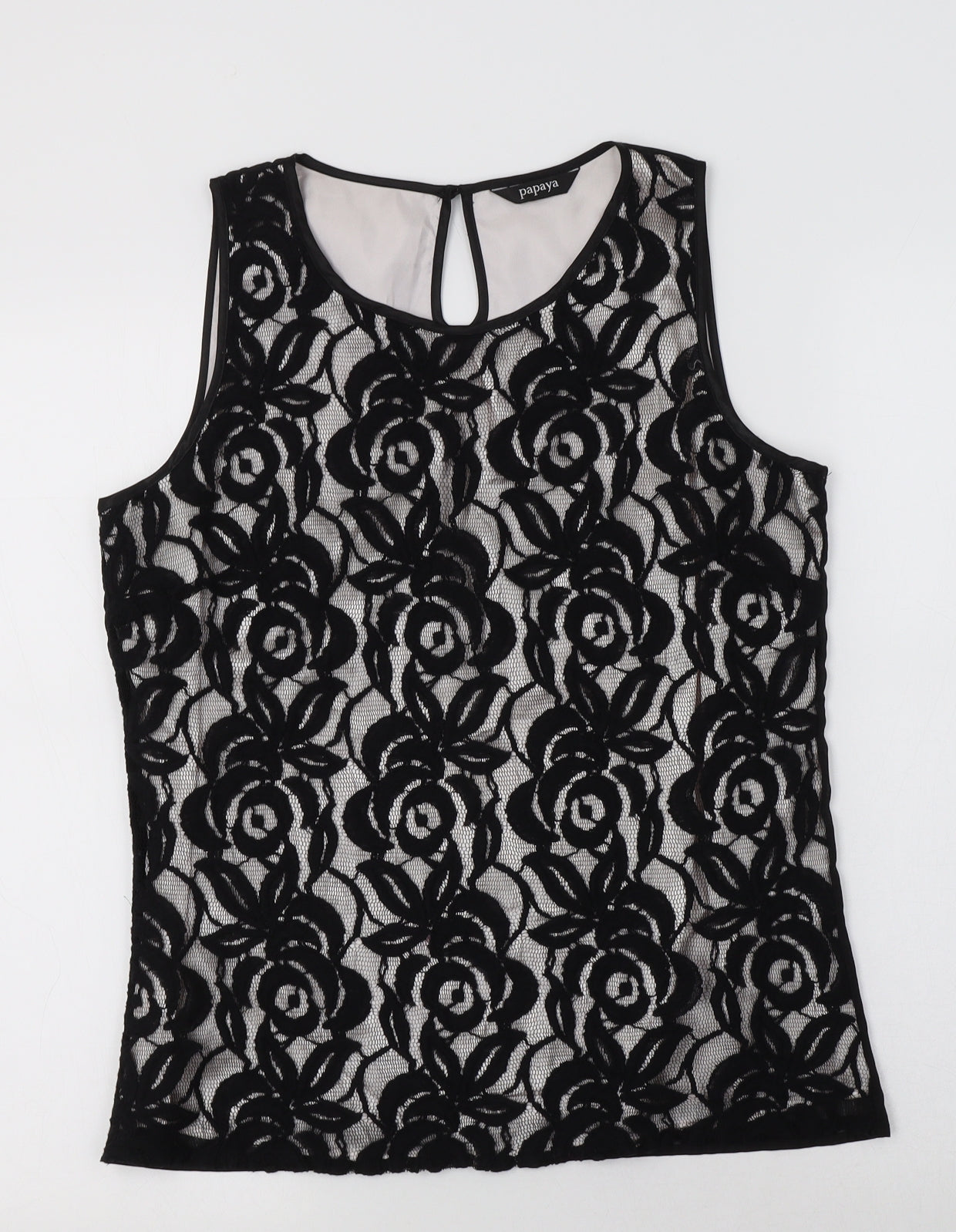 Pap[aya Womens Black Floral Cotton Basic Tank Size 12 Round Neck - Lace Overlay