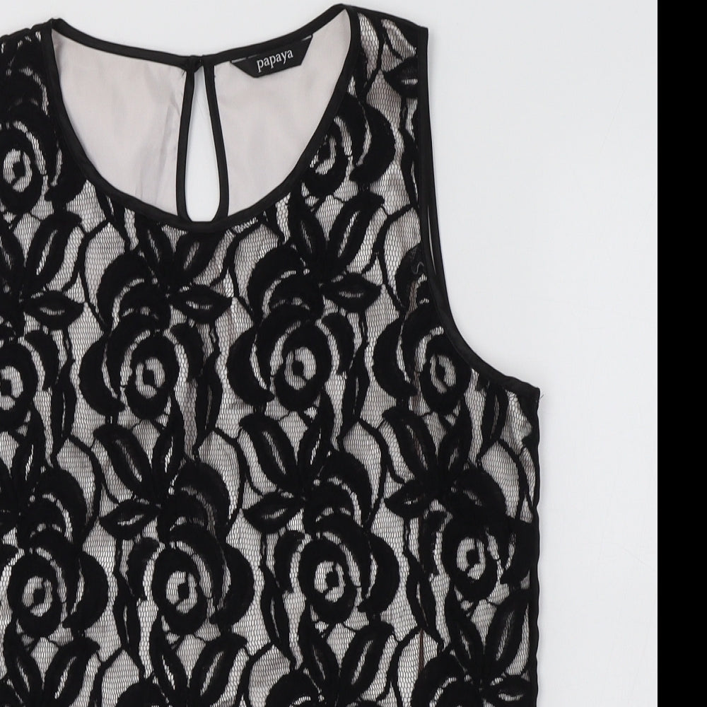 Pap[aya Womens Black Floral Cotton Basic Tank Size 12 Round Neck - Lace Overlay