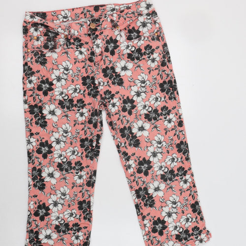 Peacocs Womens Pink Floral Cotton Cropped Trousers Size 12 L21 in Regular