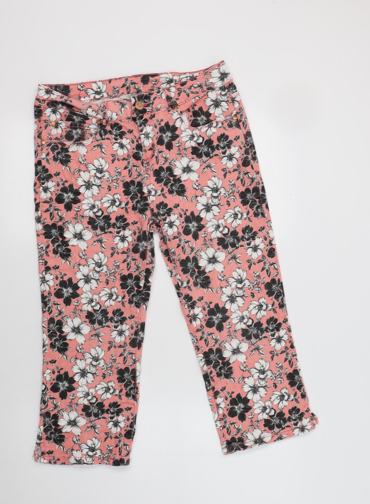 Peacocs Womens Pink Floral Cotton Cropped Trousers Size 12 L21 in Regular