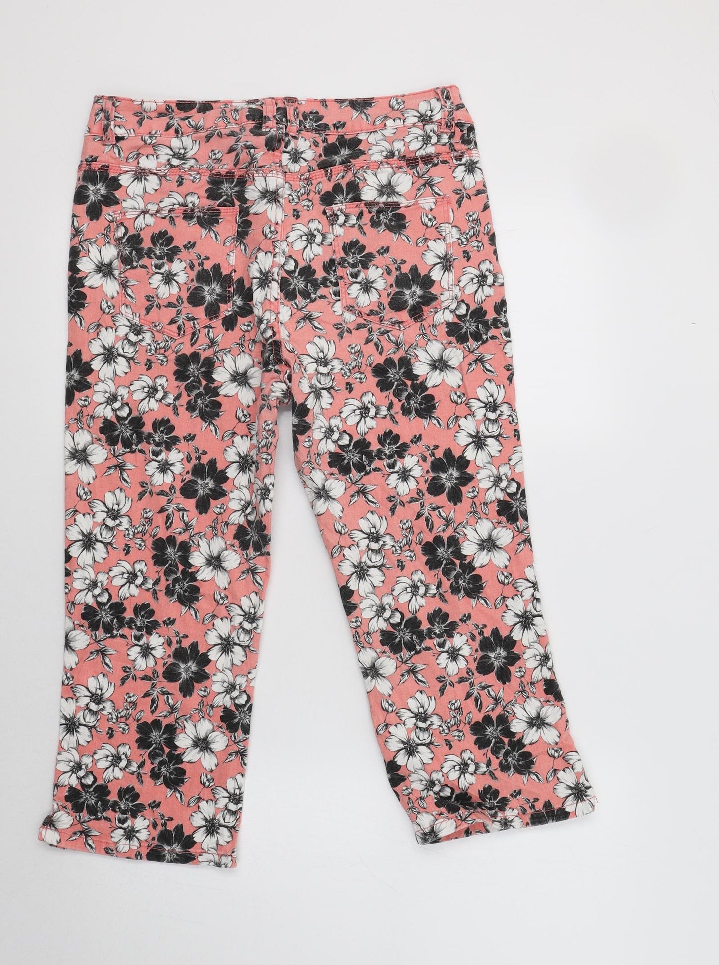 Peacocs Womens Pink Floral Cotton Cropped Trousers Size 12 L21 in Regular