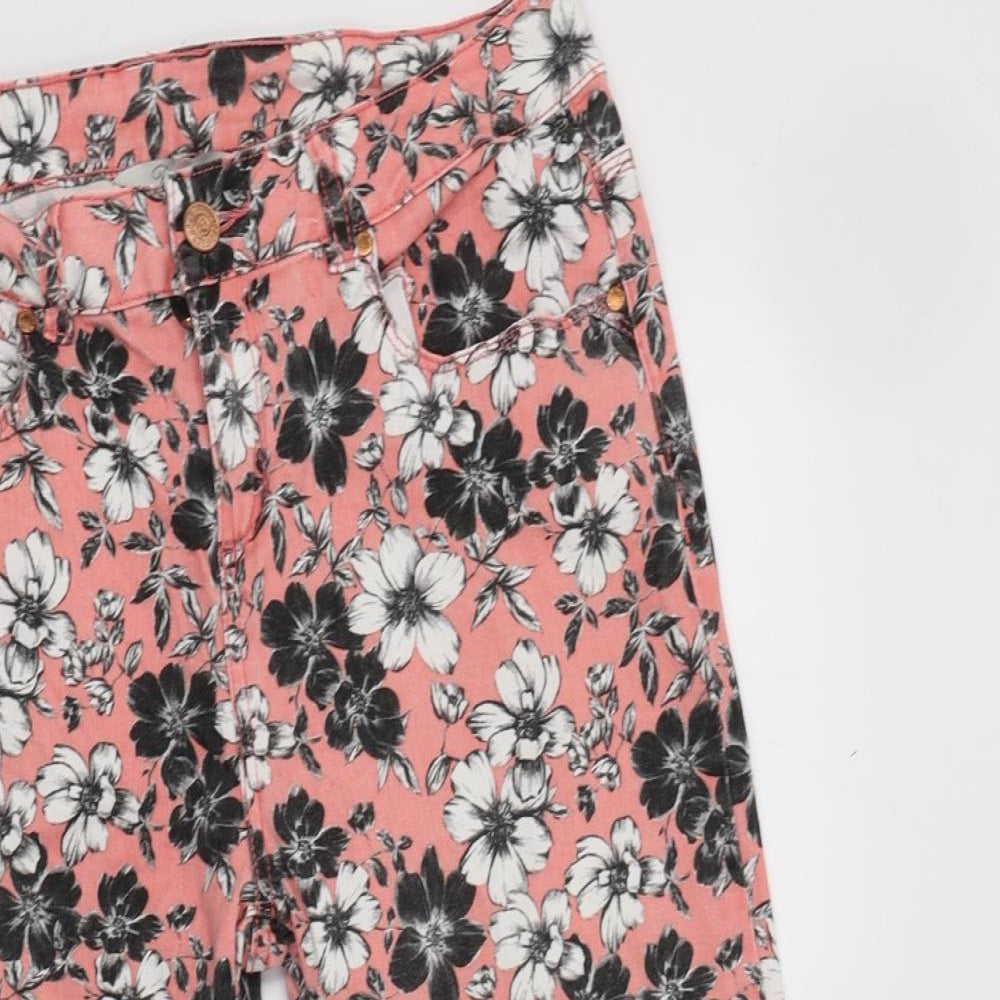 Peacocs Womens Pink Floral Cotton Cropped Trousers Size 12 L21 in Regular