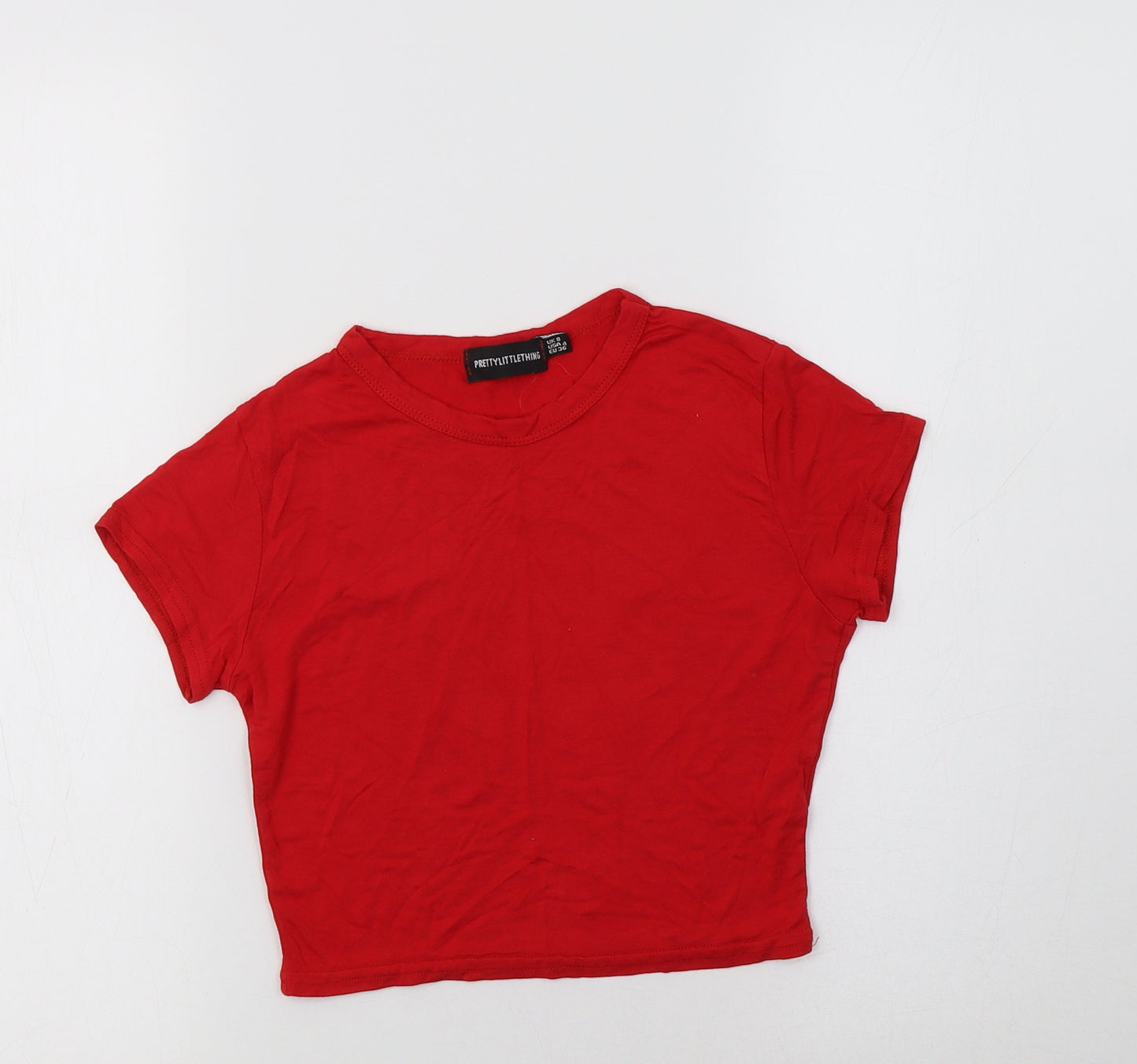 PRETTYLITTLETHING Womens Red  Viscose Cropped T-Shirt Size 8 Crew Neck