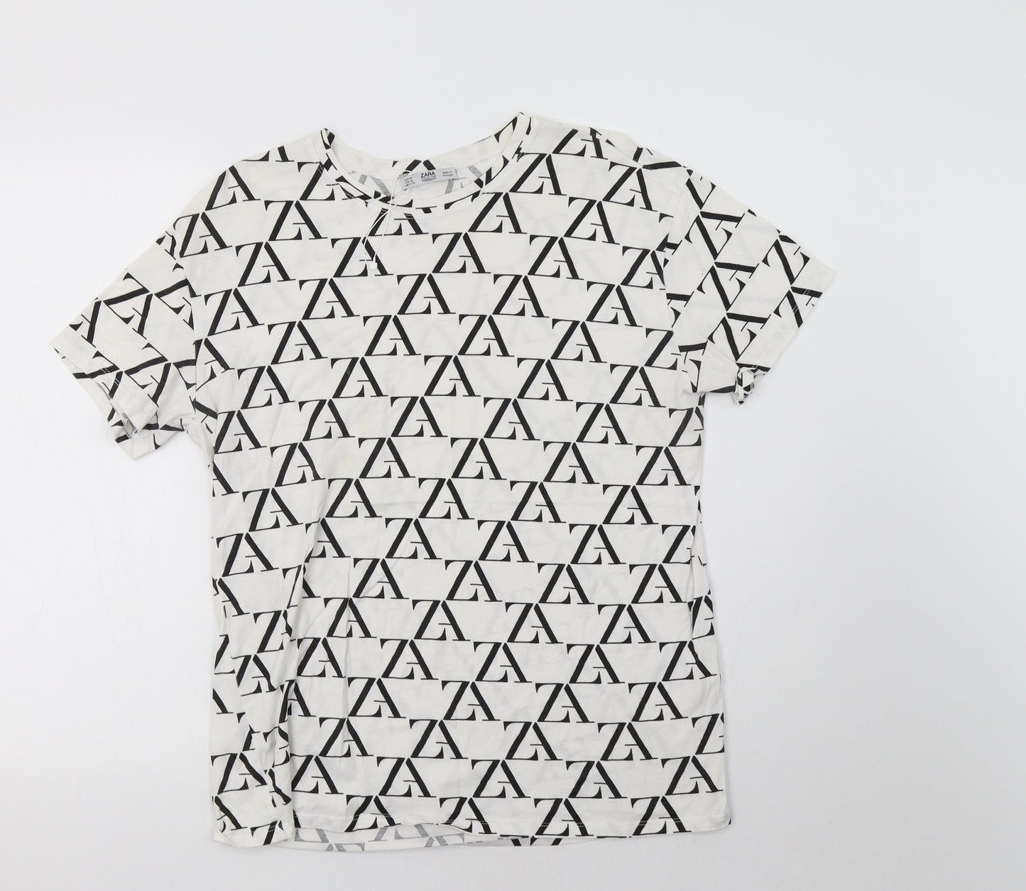 Zara Womens White Geometric Cotton Basic T-Shirt Size M Crew Neck