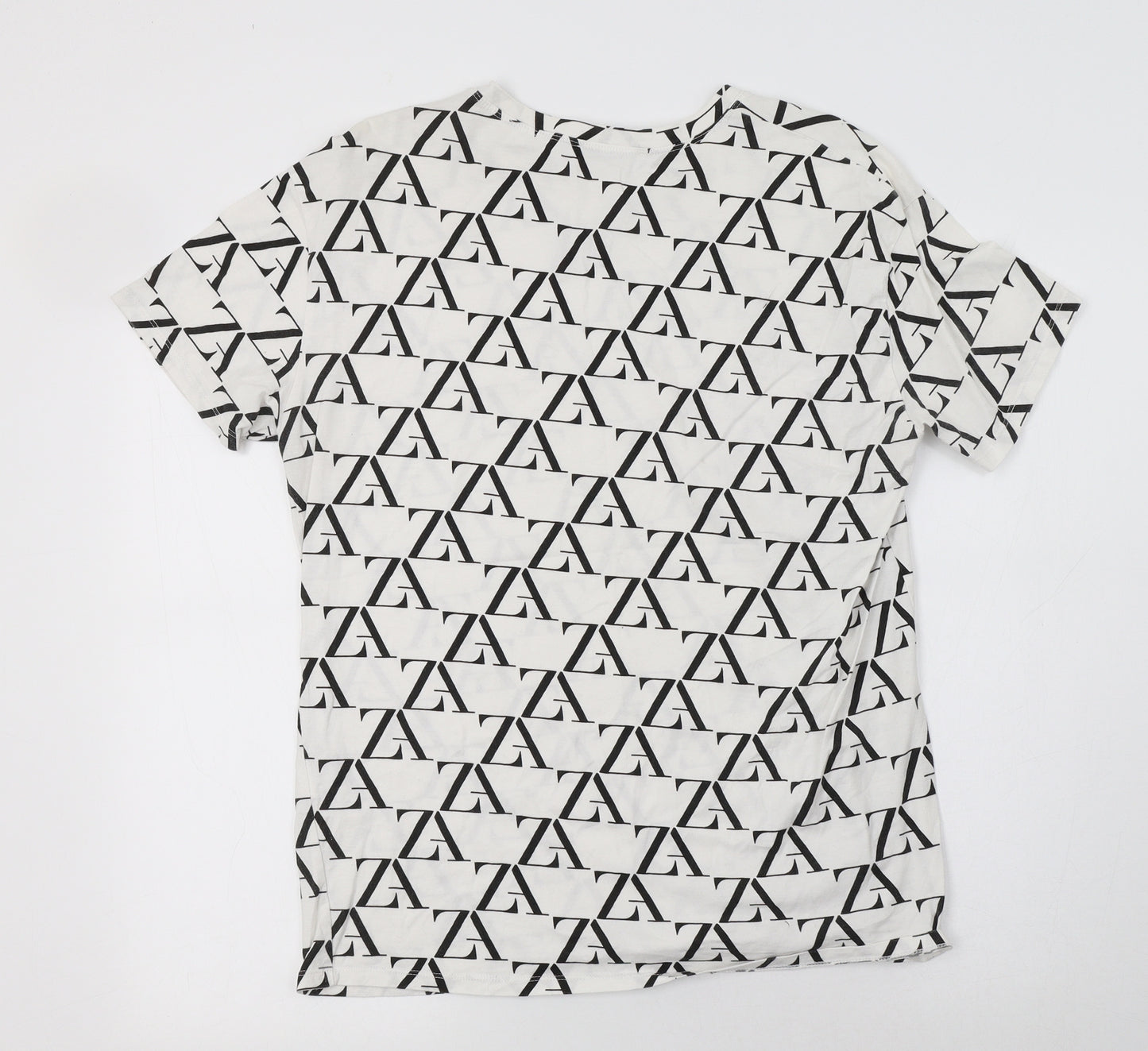 Zara Womens White Geometric Cotton Basic T-Shirt Size M Crew Neck