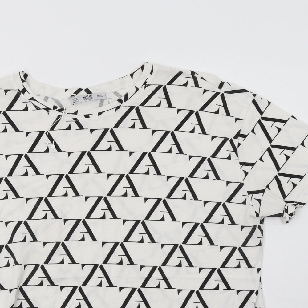 Zara Womens White Geometric Cotton Basic T-Shirt Size M Crew Neck