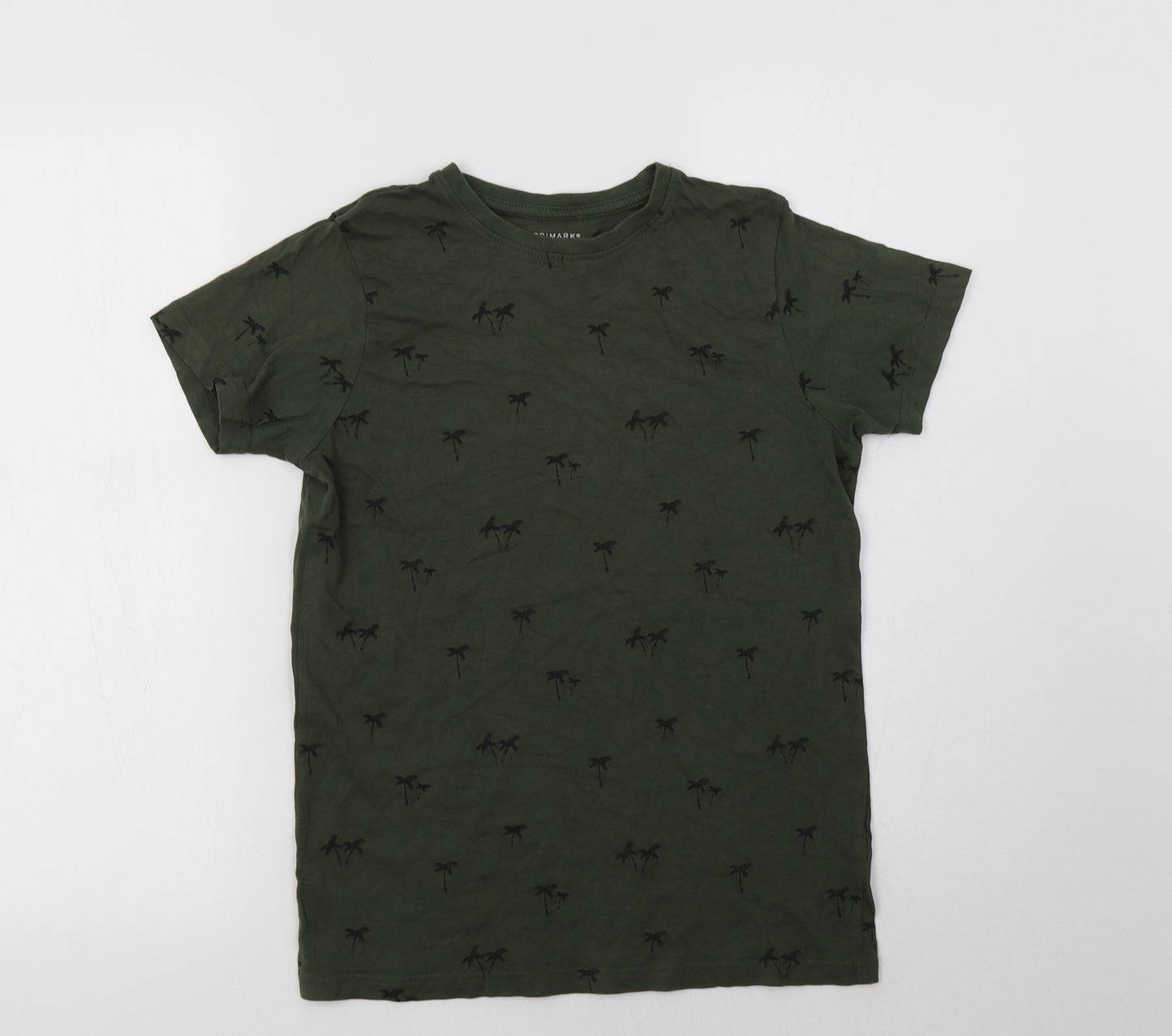 Primark Boys Green  Cotton Basic T-Shirt Size 10-11 Years Crew Neck  - Palm Tree Print