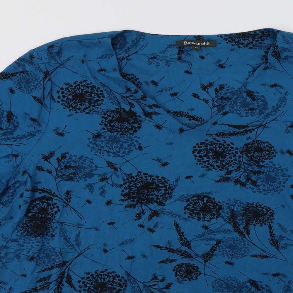 Bonmarché Womens Blue Floral Viscose Tunic Blouse Size 22 V-Neck
