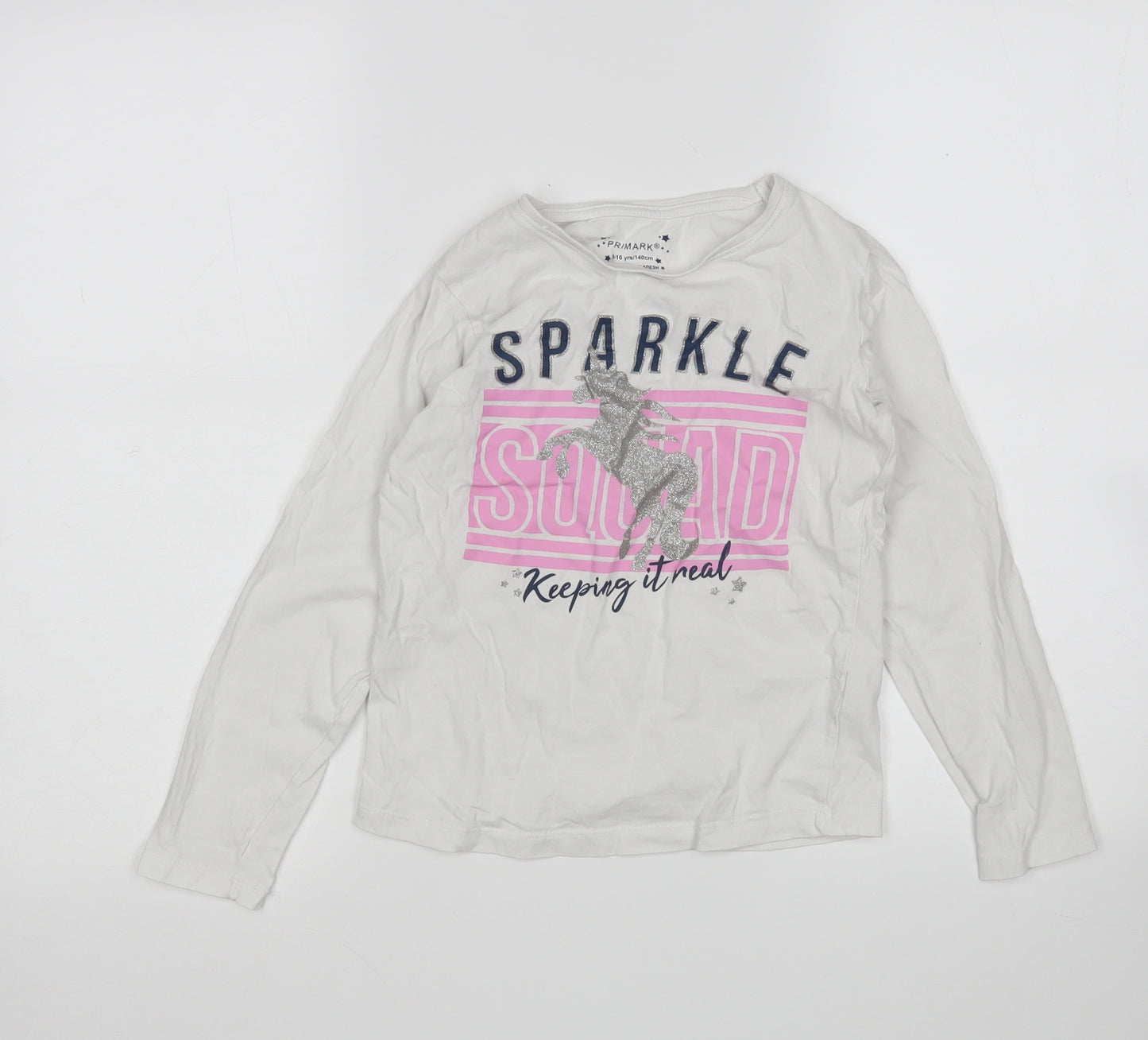 Primark Girls White  Cotton Basic T-Shirt Size 9-10 Years Round Neck  - Unicorn