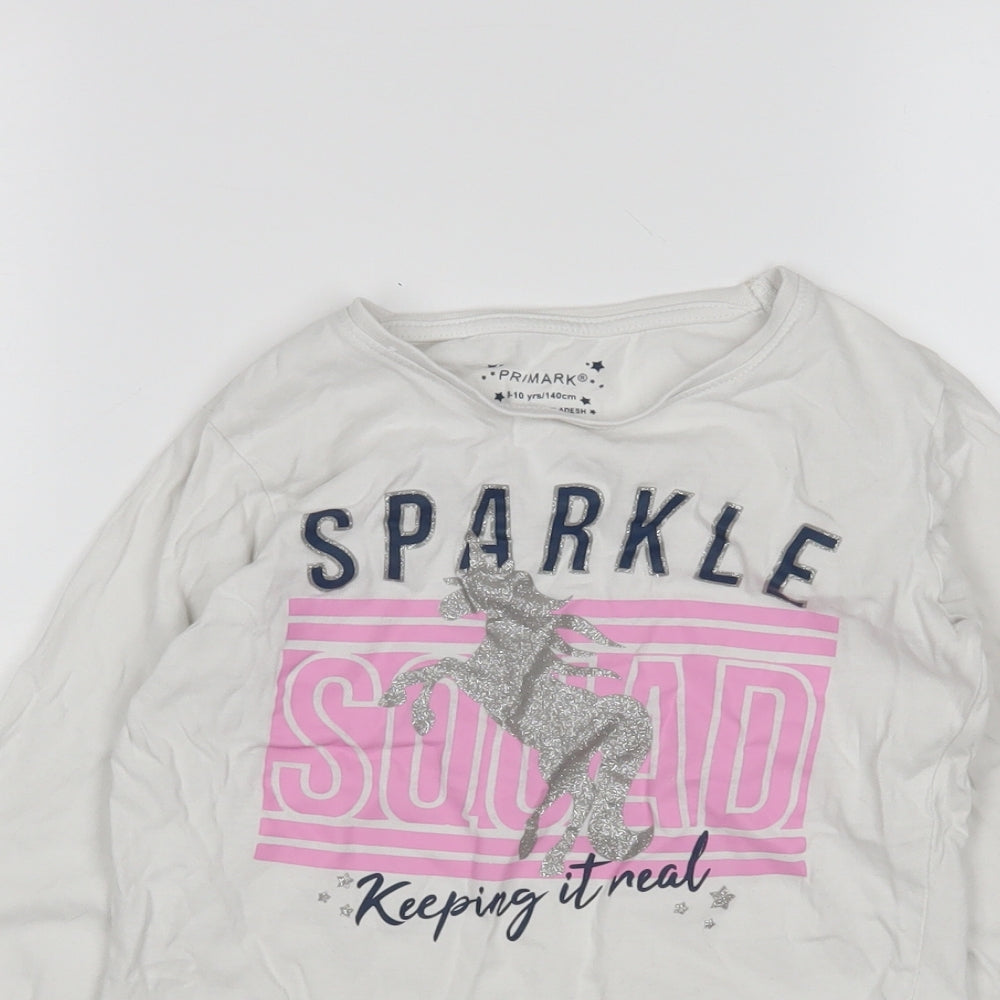 Primark Girls White  Cotton Basic T-Shirt Size 9-10 Years Round Neck  - Unicorn
