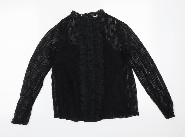 Oasis Womens Black Polka Dot Polyamide Basic T-Shirt Size M Mock Neck