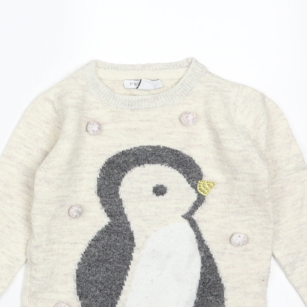 Primark Girls Beige  Acrylic Pullover Sweatshirt Size 3-4 Years   - PENGUIN
