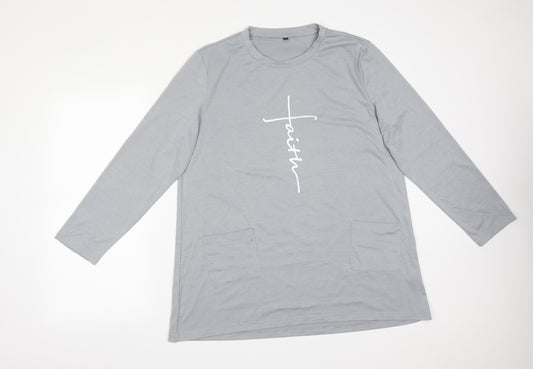 Front view of Preworn women’s grey polyester basic t-shirt, size L, round neck - faith