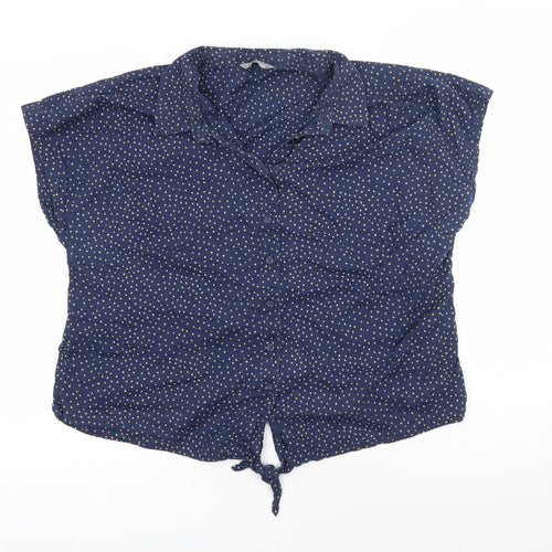 Marks and Spencer Womens Blue Polka Dot 100% Cotton Cropped Button-Up Size 16 Round Neck - Tie Detail