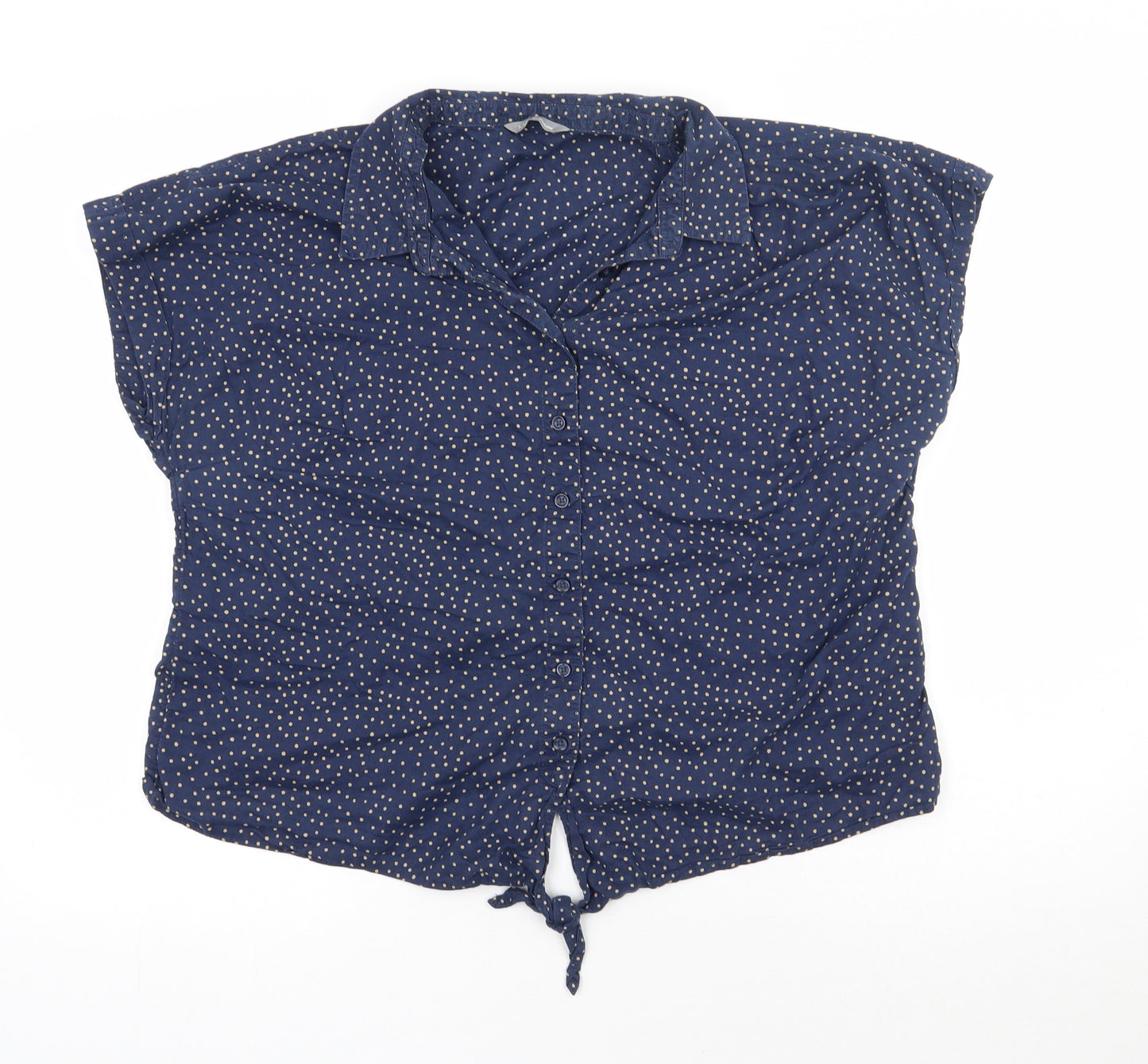 Marks and Spencer Womens Blue Polka Dot 100% Cotton Cropped Button-Up Size 16 Round Neck - Tie Detail