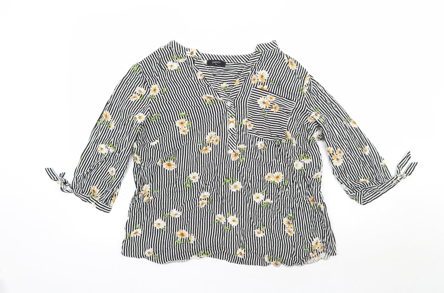 Papaya Womens Black Striped Viscose Basic Blouse Size 18 V-Neck - Floral