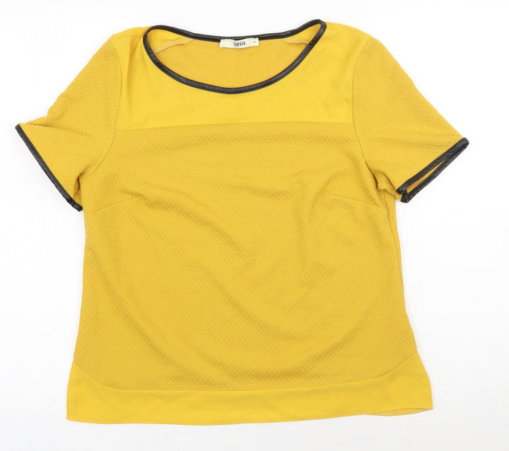 Oasis Womens Yellow  Polyester Basic T-Shirt Size M Round Neck - Faux Leather Detail