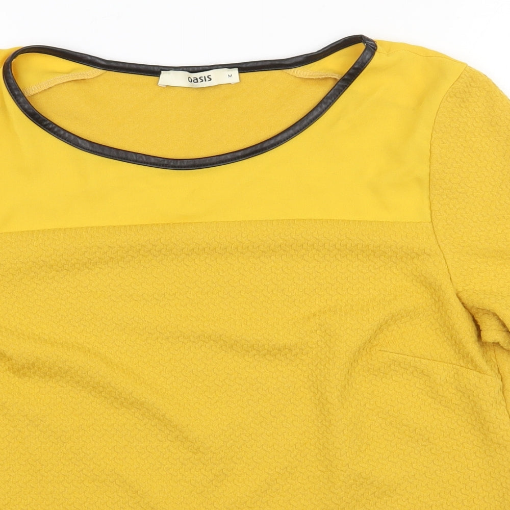 Oasis Womens Yellow  Polyester Basic T-Shirt Size M Round Neck - Faux Leather Detail