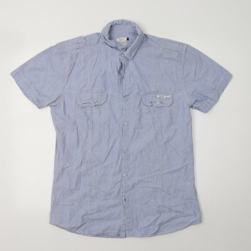 Crafted Mens Blue Striped Cotton  Button-Up Size L Collared