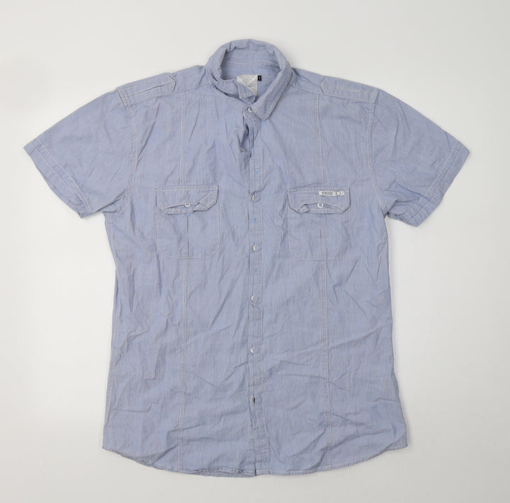 Crafted Mens Blue Striped Cotton  Button-Up Size L Collared