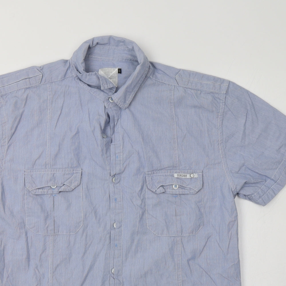 Crafted Mens Blue Striped Cotton  Button-Up Size L Collared