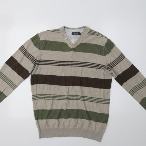 BHS Mens Beige V-Neck Striped Cotton Pullover Jumper Size M
