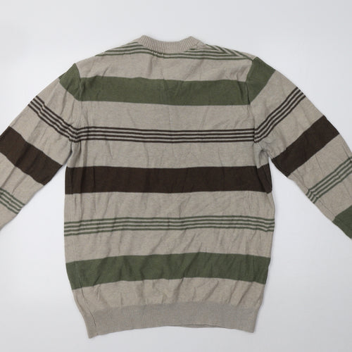 BHS Mens Beige V-Neck Striped Cotton Pullover Jumper Size M