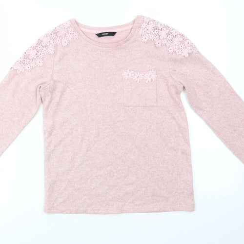 Geoge Girls Pink Round Neck  Viscose Pullover Jumper Size 9-10 Years   - Floral Lace Shoulder & Pocket Detail
