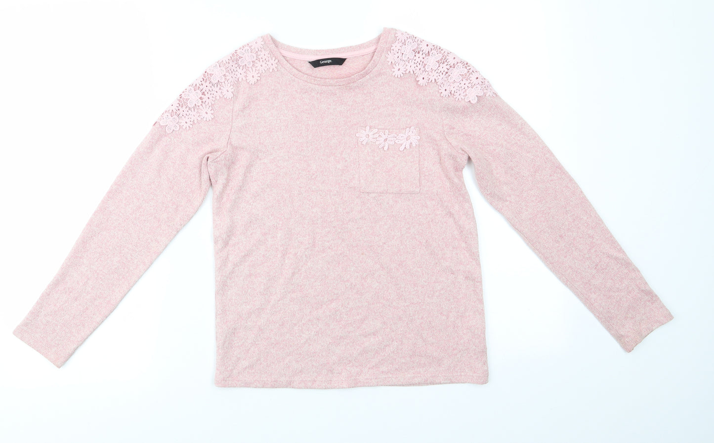 Geoge Girls Pink Round Neck  Viscose Pullover Jumper Size 9-10 Years   - Floral Lace Shoulder & Pocket Detail