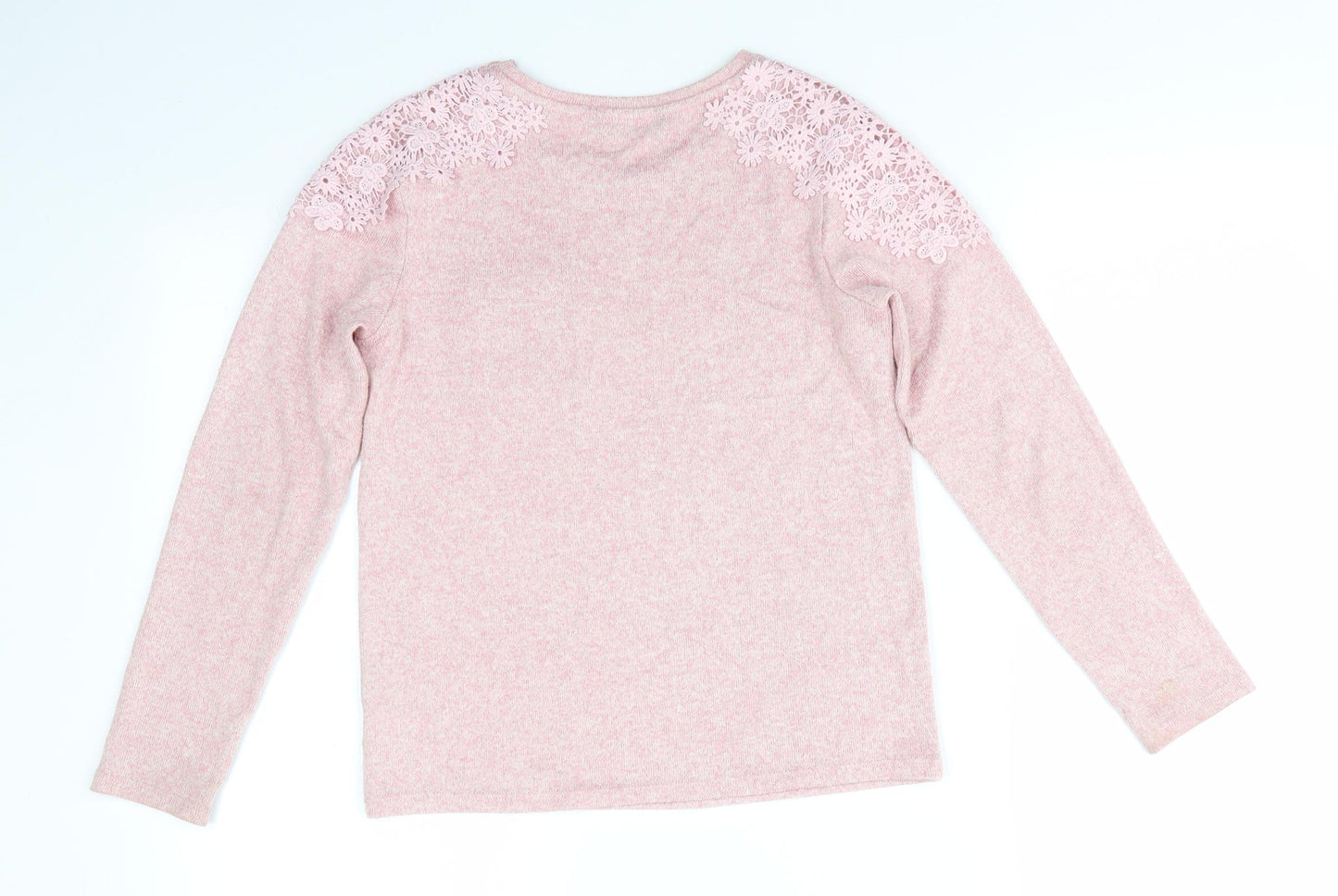 Geoge Girls Pink Round Neck  Viscose Pullover Jumper Size 9-10 Years   - Floral Lace Shoulder & Pocket Detail