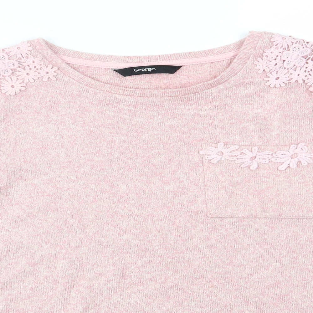 Geoge Girls Pink Round Neck  Viscose Pullover Jumper Size 9-10 Years   - Floral Lace Shoulder & Pocket Detail