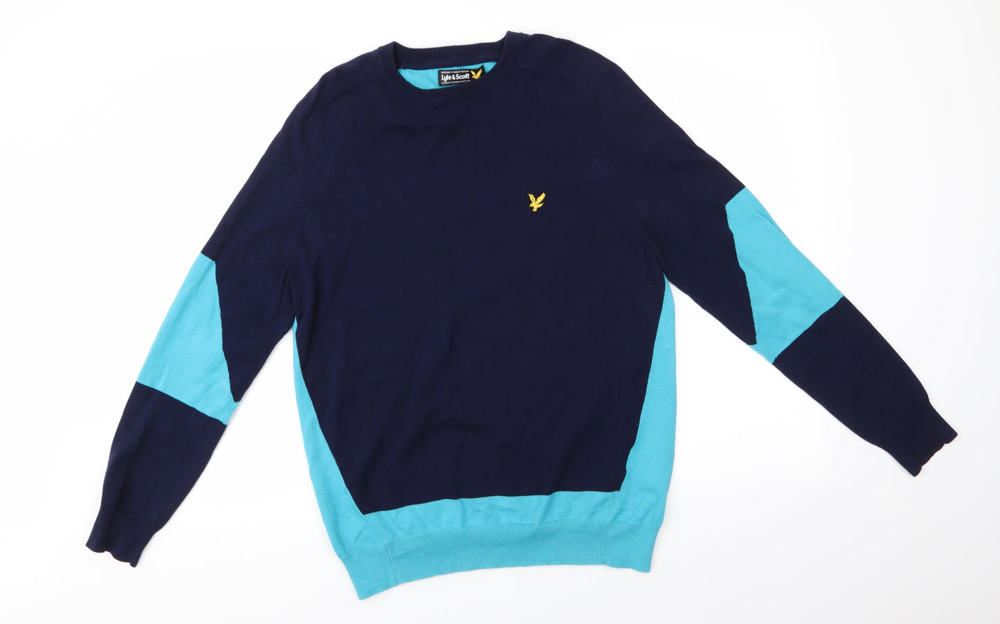 Lyle & Scott Mens Blue Round Neck  Cotton Pullover Jumper Size M   - Navy & Turquoise Colourblock