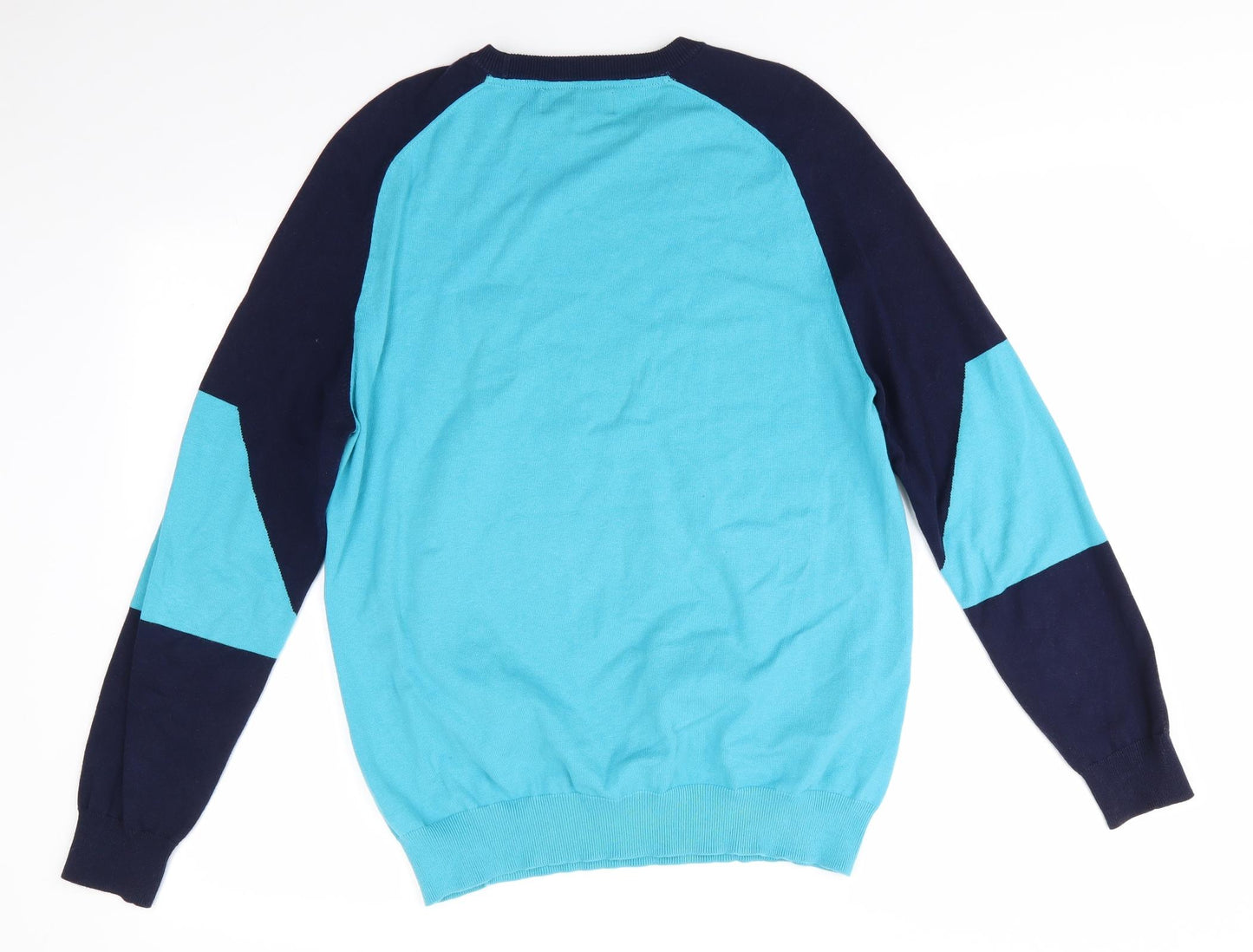 Lyle & Scott Mens Blue Round Neck  Cotton Pullover Jumper Size M   - Navy & Turquoise Colourblock