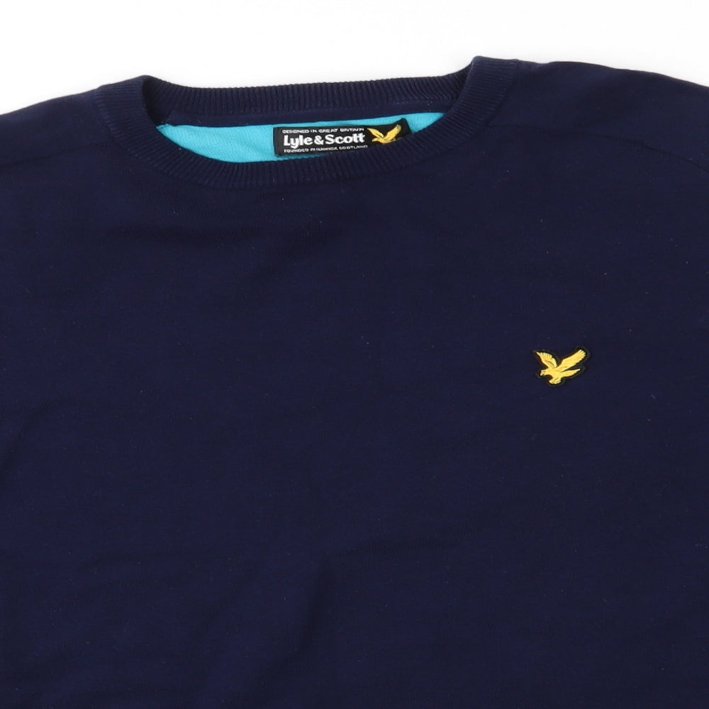 Lyle & Scott Mens Blue Round Neck  Cotton Pullover Jumper Size M   - Navy & Turquoise Colourblock