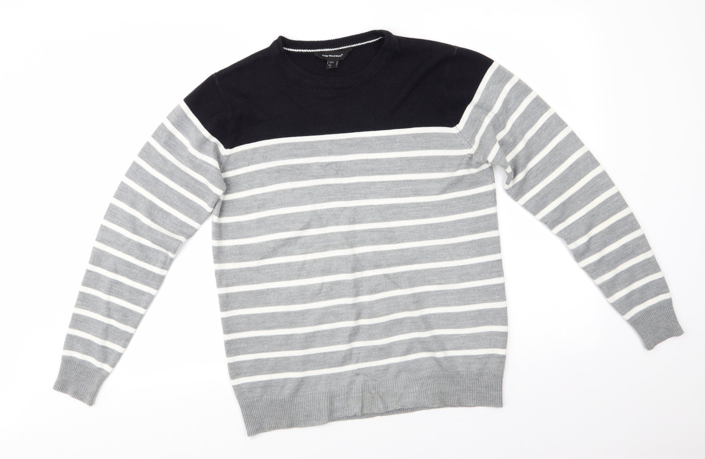 Cedar Wood State Mens Grey Round Neck Striped Acrylic Pullover Jumper Size M   - Black & Grey