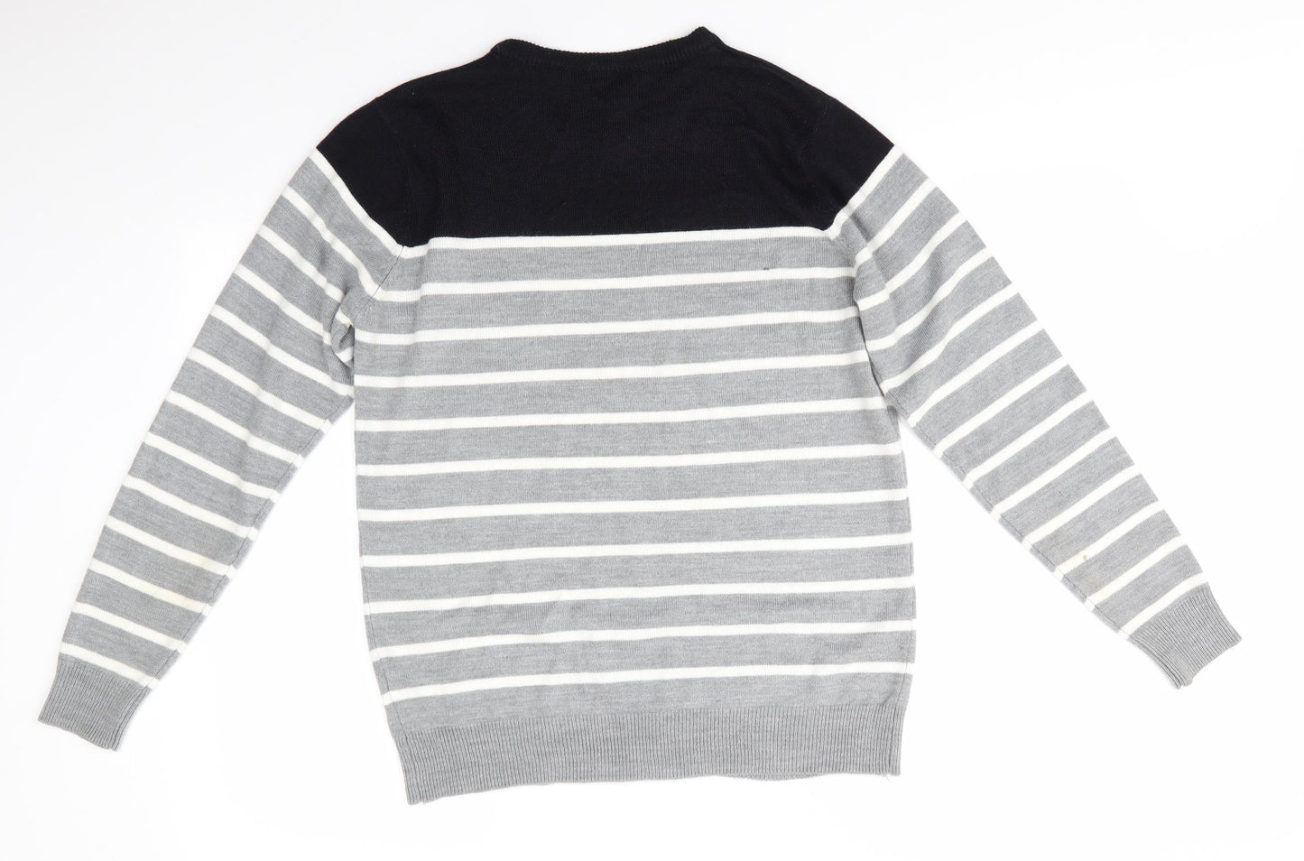 Cedar Wood State Mens Grey Round Neck Striped Acrylic Pullover Jumper Size M   - Black & Grey