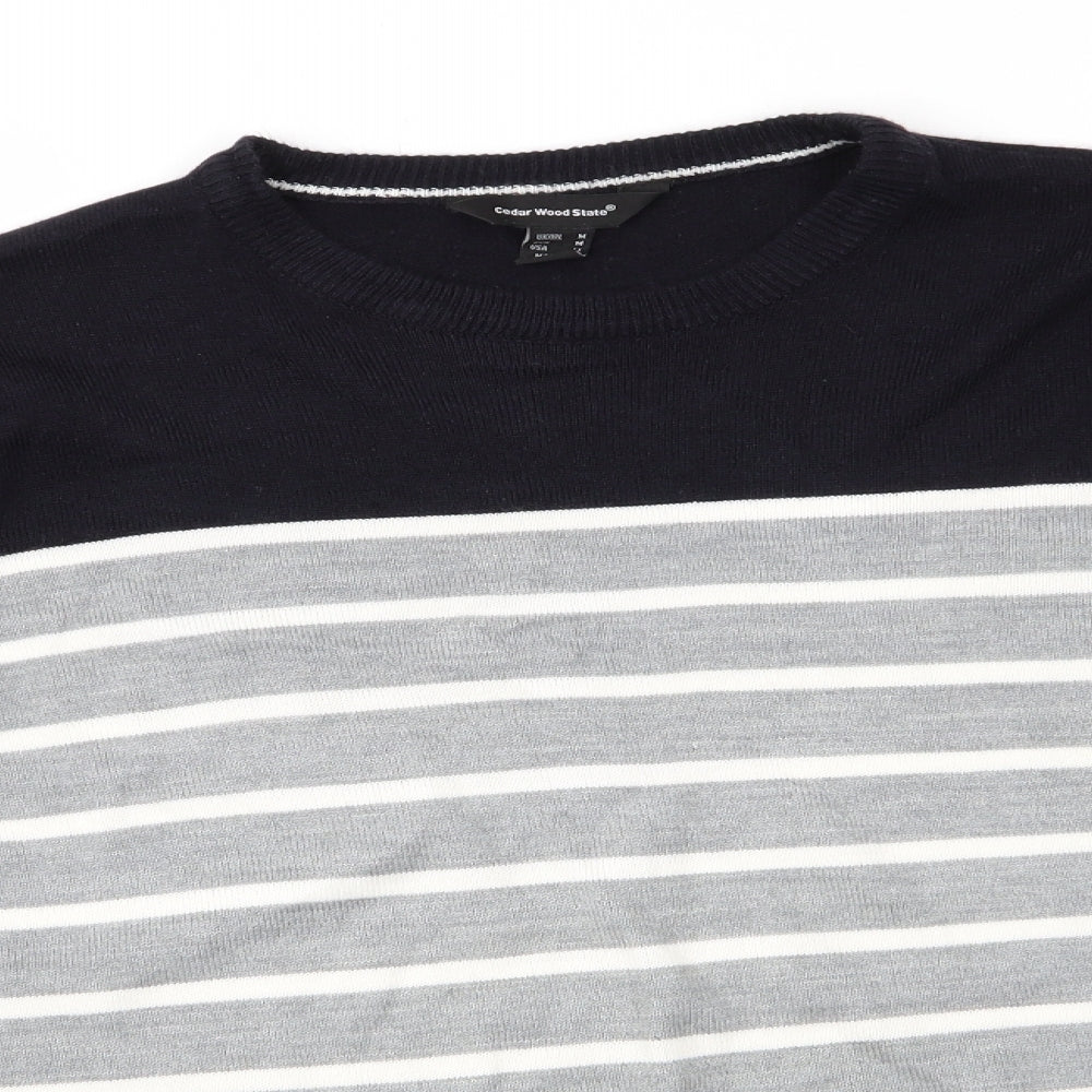 Cedar Wood State Mens Grey Round Neck Striped Acrylic Pullover Jumper Size M   - Black & Grey