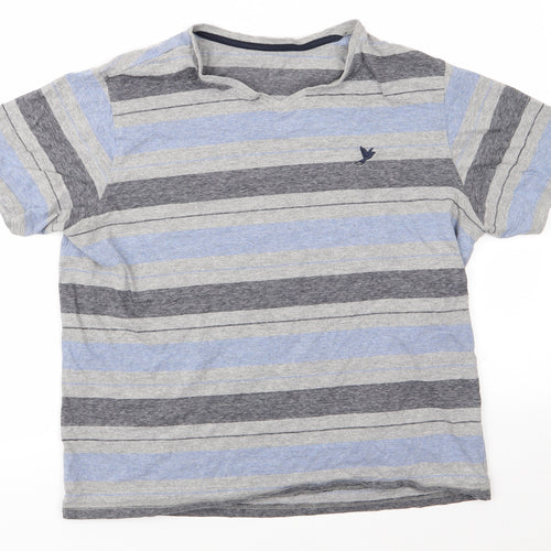 George Mens Blue Striped Cotton  T-Shirt Size M V-Neck  - Blue Grey