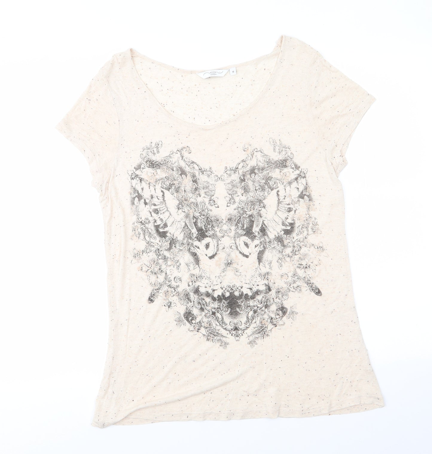 New Look Womens Beige Animal Print  Basic T-Shirt Size 10 Round Neck - Owl Subtle Glitter effect