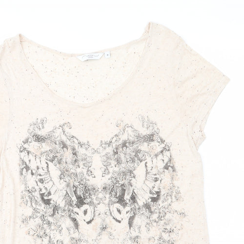 New Look Womens Beige Animal Print  Basic T-Shirt Size 10 Round Neck - Owl Subtle Glitter effect