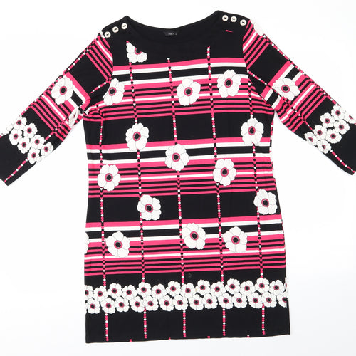 M&Co Womens Black Floral Viscose A-Line  Size 12  Round Neck  - White Flowers Pink Stripes