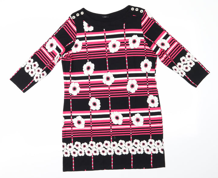 M&Co Womens Black Floral Viscose A-Line  Size 12  Round Neck  - White Flowers Pink Stripes