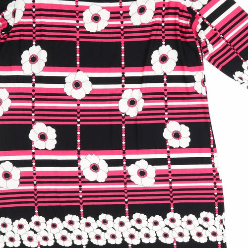 M&Co Womens Black Floral Viscose A-Line  Size 12  Round Neck  - White Flowers Pink Stripes