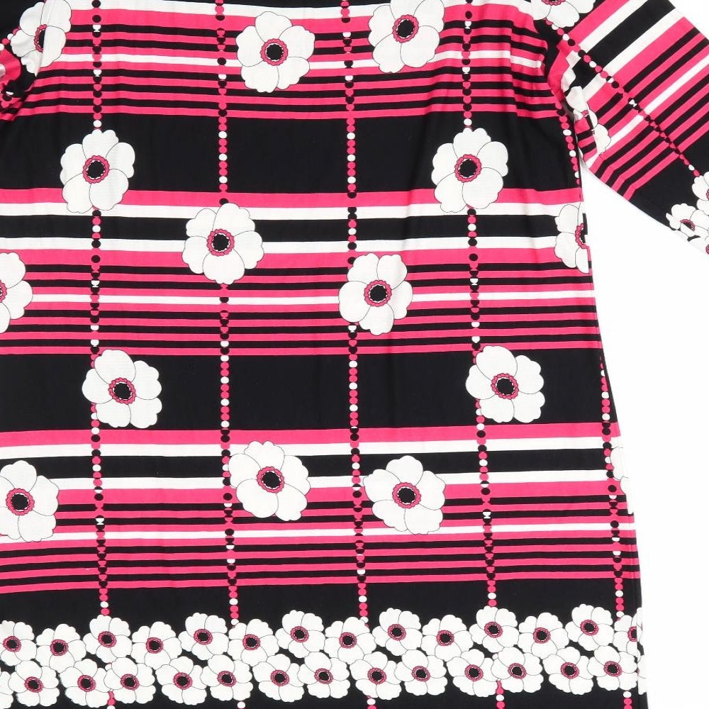 M&Co Womens Black Floral Viscose A-Line  Size 12  Round Neck  - White Flowers Pink Stripes